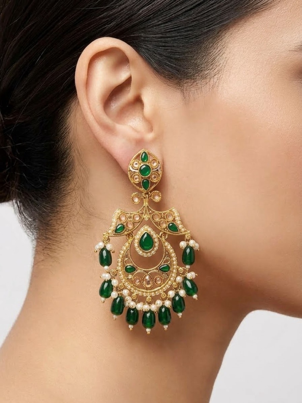 Gold-Tone Green Stone Chandelier Earrings - Women Jewelry